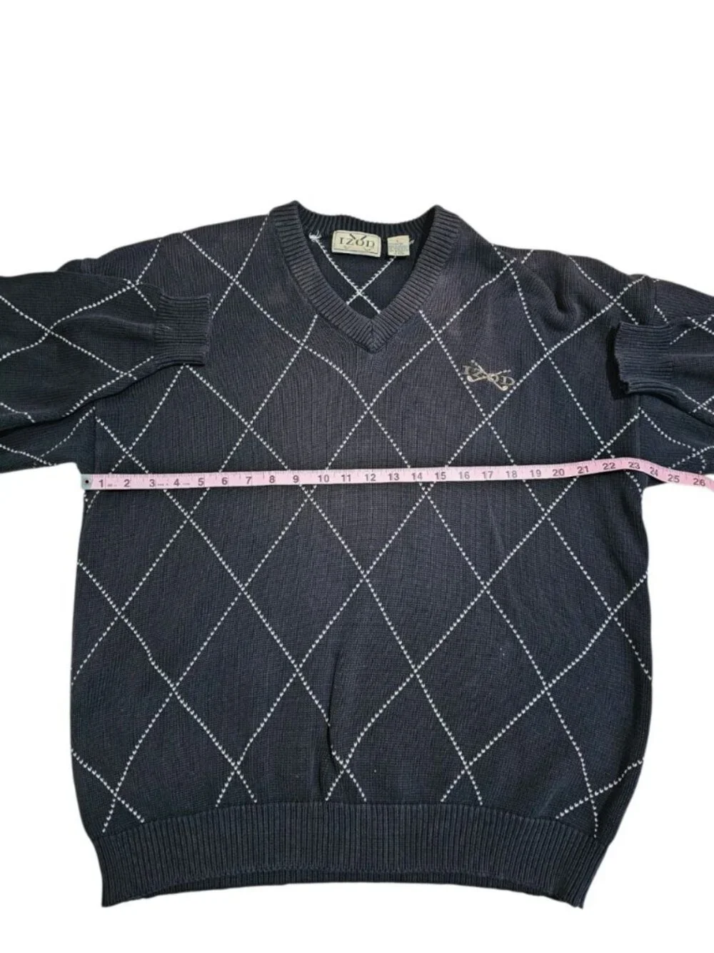 Izod Men L Sweater Navy Blue V-Neck Argyle Cotton Heritage Golf Preppy Essential